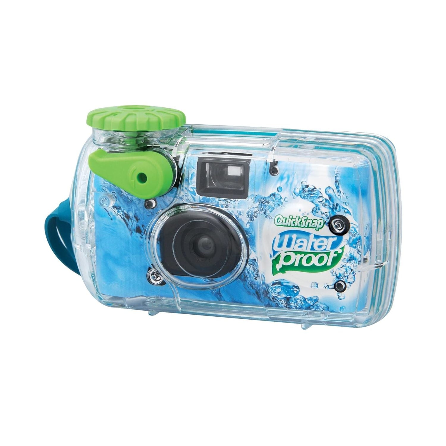 Waterproof disposable camera, clear blue body with green cap and Quicksnap lens window